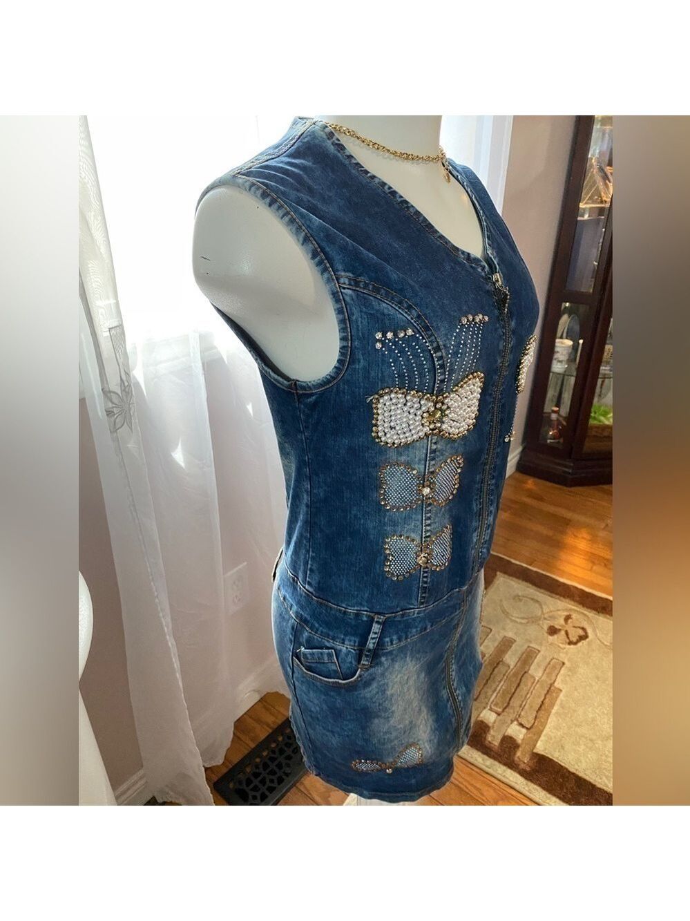 Y2k DENIM MINI DRESS EMBROIDERED BUTTERFLIES RHINESTONES MADE IN EUROPE - Picture 7 of 16